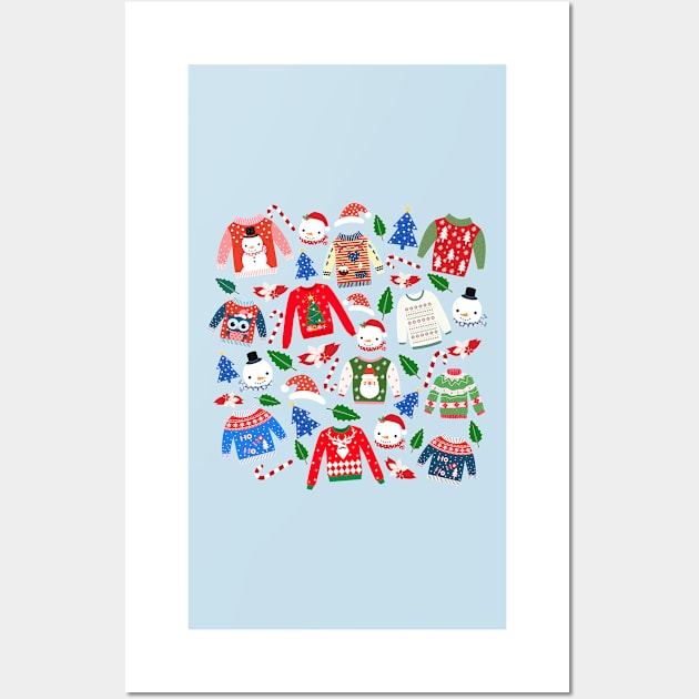 Christmas Sweaters_Blue Background Wall Art by leBoosh-Designs